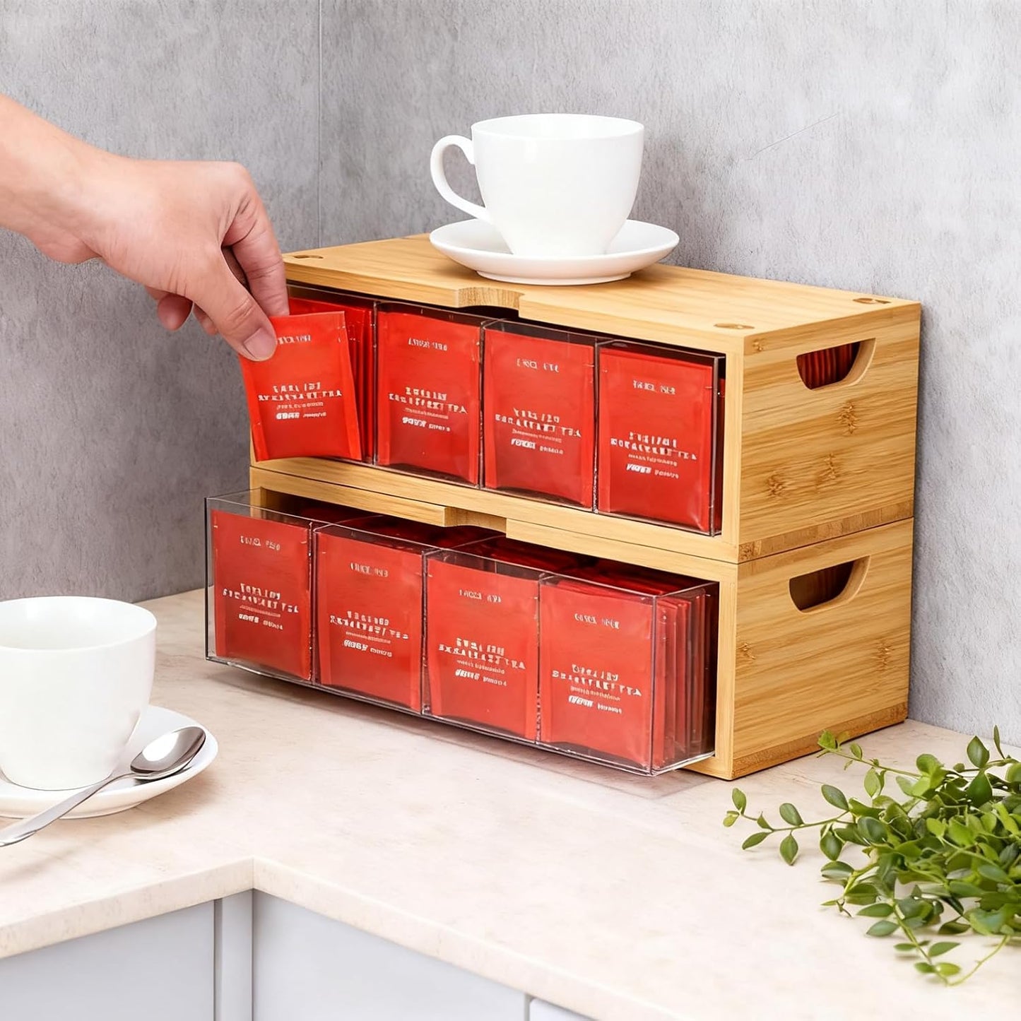 Bamboo Stackable Tea Bag Organizer, 2-Piece