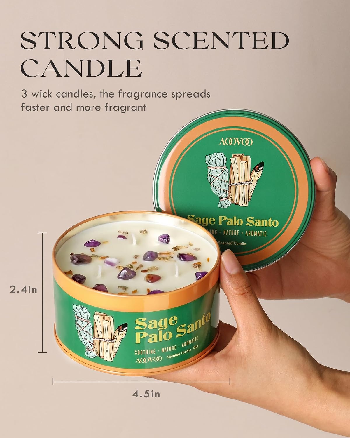 AOOVOO Sage Candle for Cleansing - 3 Wick 12oz Large Scented Candle with Crystals & Sage Leaves Inside, Soy Candles Non Toxic for Meditation Spiritual Gift, Aromatherapy Candle for Women Men