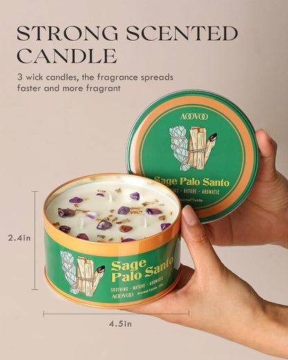 AOOVOO Sage Candle for Cleansing - 3 Wick 12oz Large Scented Candle with Crystals & Sage Leaves Inside, Soy Candles Non Toxic for Meditation Spiritual Gift, Aromatherapy Candle for Women Men