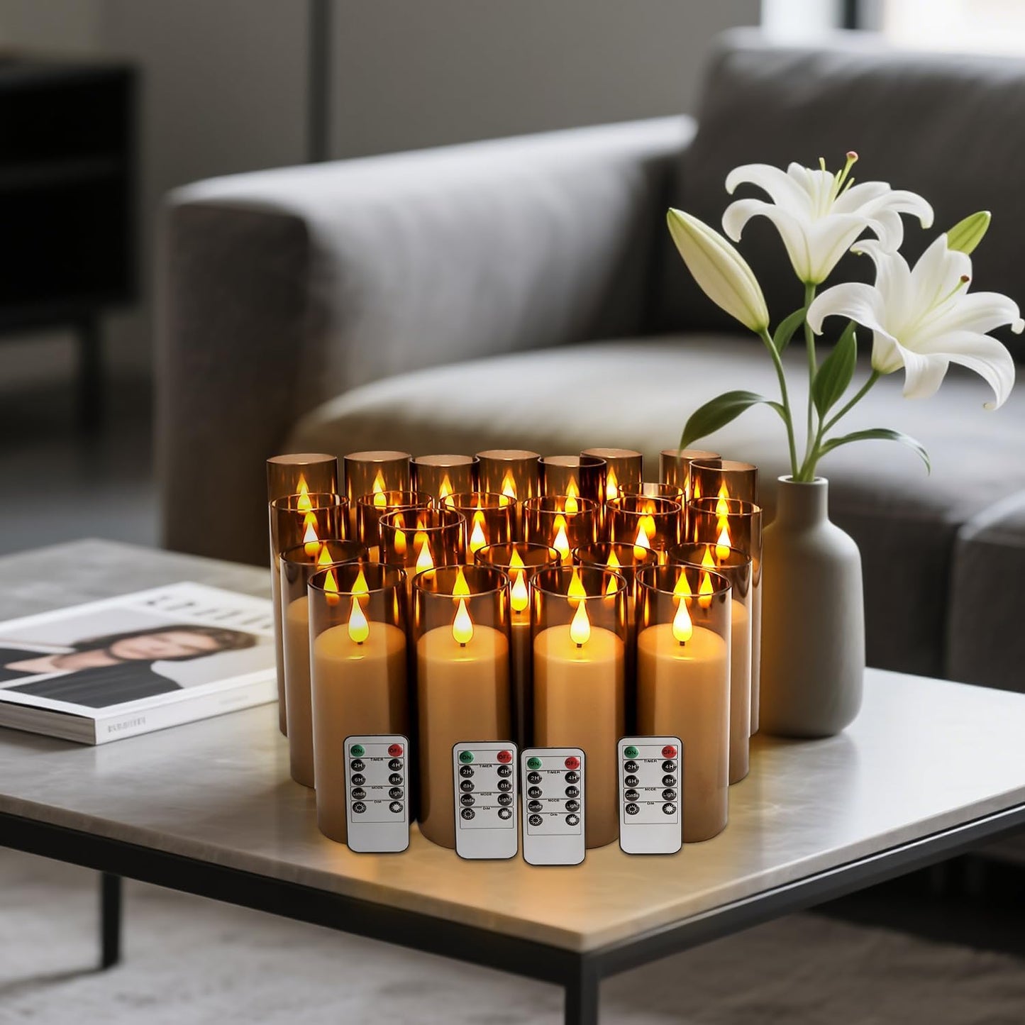 24 Pcs LED Flameless Candles with Remote, 3D Flickering Flame & LED String Lights, Acrylic Clear Cylinder, Timer Function, Romantic Ambience for Home Decor, Party, Wedding (Ivory).