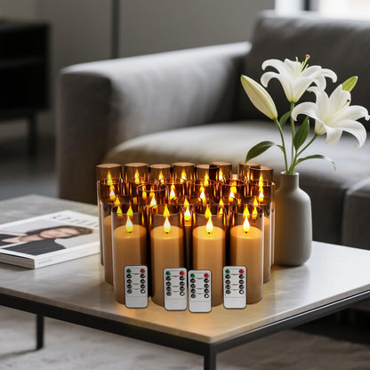 24 Pcs LED Flameless Candles with Remote, 3D Flickering Flame & LED String Lights, Acrylic Clear Cylinder, Timer Function, Romantic Ambience for Home Decor, Party, Wedding (Ivory).