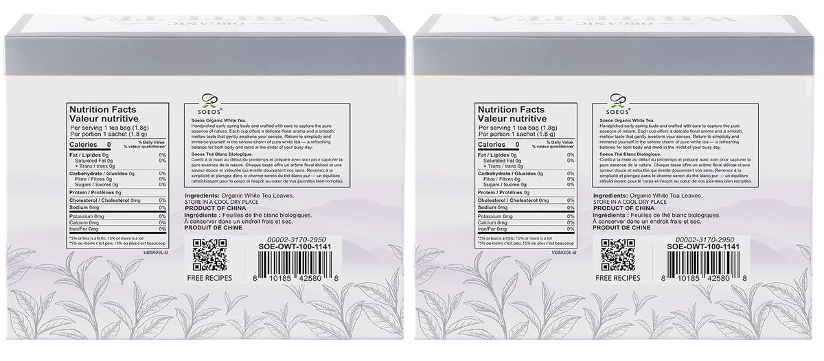 Soeos Organic White Tea, 100 Tea Bags, Pack of 2, Total 200 Teabags, Individually Wrapped Teabags, Low Caffeine, Subtle Floral Aroma & Smooth Taste, Quality Tea for Everyday Brewing, Perfect for Hot or Iced Tea Lovers, 6.3oz (180g) of Each