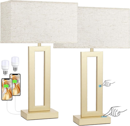Seealle Bedroom Table Lamps Set of 2 - Touch Bedside Lamps with USB C+A, 3 Way Dimmable Gold Lamp for Nightstand, Modern Night Stands Lamps for Living Room End Tables Desk Bed Side Study Room(16.4n)