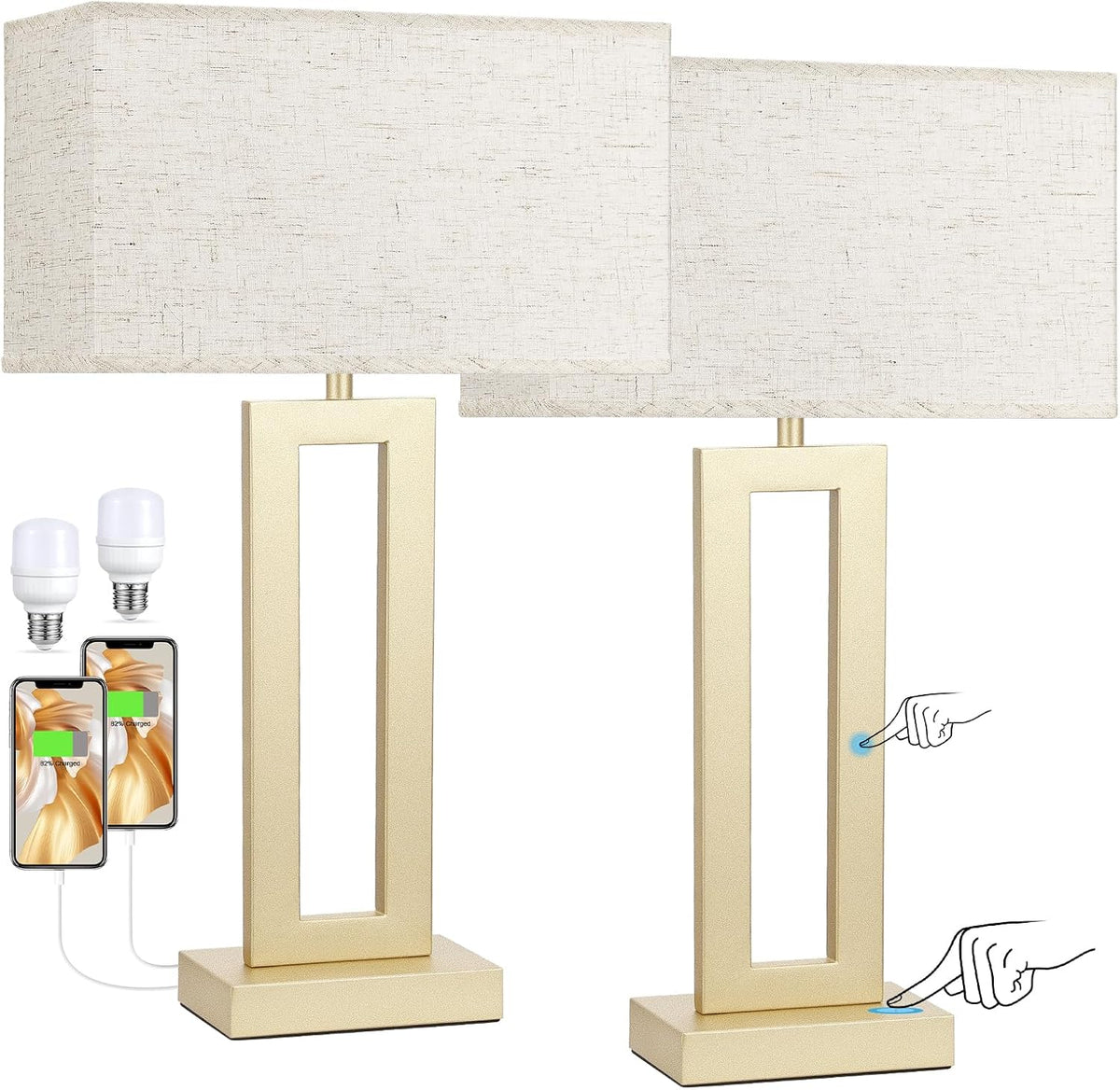 Gold Table Lamps Set of 2, 16.4" Bedside Lamps for Nightstand with USB C+A