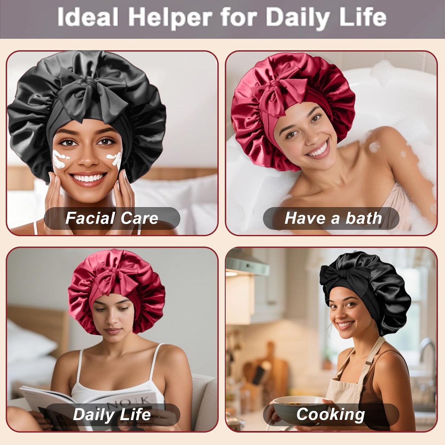 2Pcs Silk Hair Satin Bonnet for Sleeping Women,Large Satin Sleep Bonnets for Women with Elastic Tie Band Silk Hair Wrap with Ajustable Straps,Night Sleep Cap for Curly Braids,Black+Rose Gold