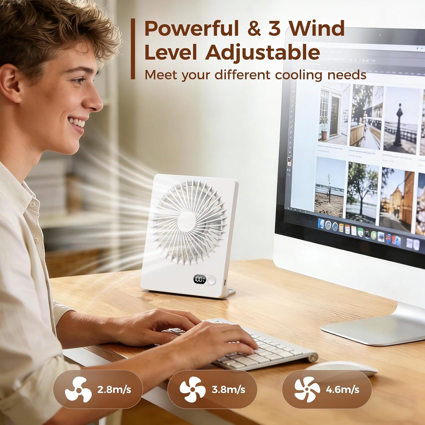 Zuvas Desk Fan Battery Operated Fan Rechargeable 180°Tilt Folding Personal Fan Ultra Quiet Small Portable 3 Speed Adjustable Strong Wind Fan For Office Bedroom Home Desktop Camping (White)
