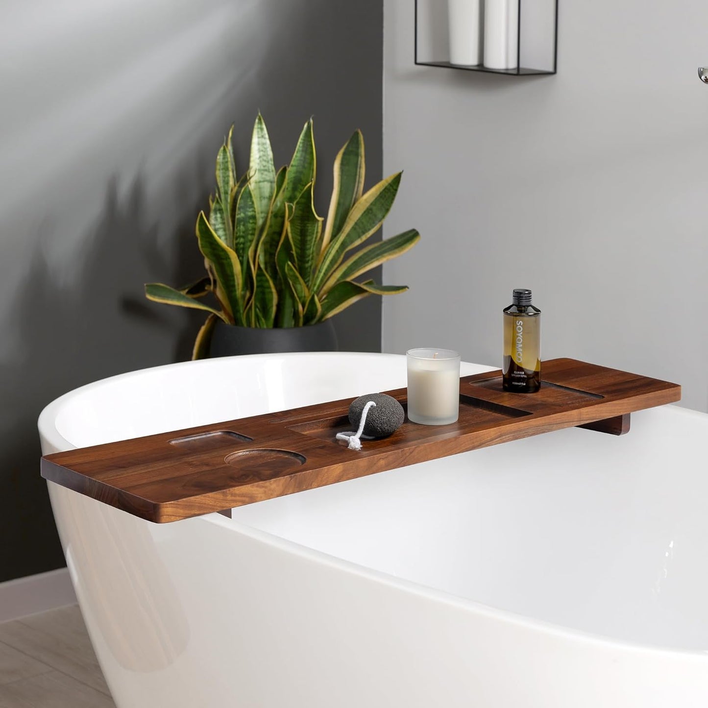 Teak Bathtub Tray for Freestanding Tubs - 35" Heavy-Duty Luxury Bath Caddy, Non-Slip Zero-Wobble Design, Water-Resistant Spa Organizer with Wine Glass & Phone Holder