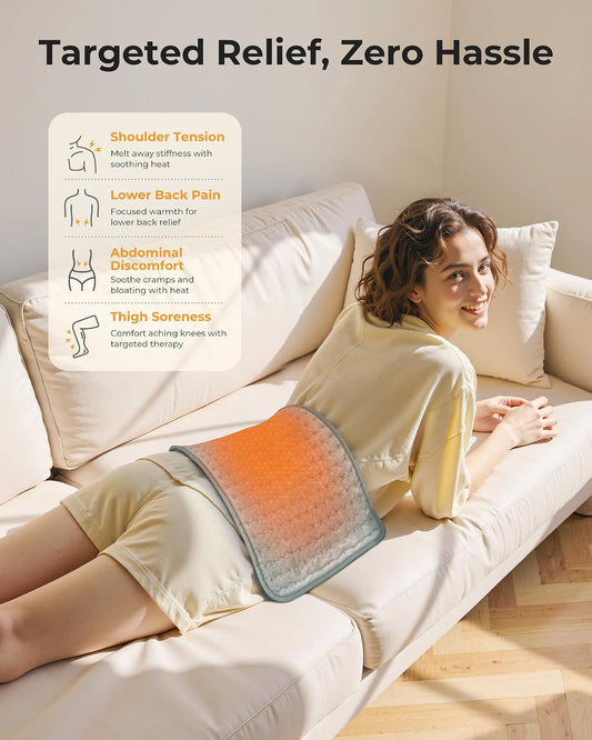 Electric Heating Pad for Back Pain and Period Cramps, Fast Heating Relief Shoulder, Muscle Aches, Arthritis Pain, 6 Heat Settings, 4 Timers, Moist & Dry Use, Machine Washable, 12"x 24"