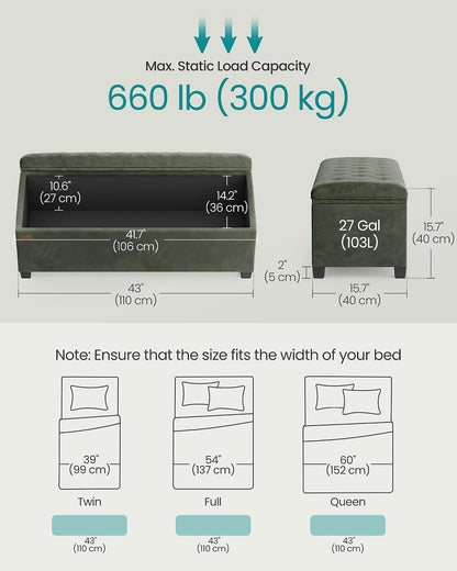 SONGMICS Storage Ottoman Bench, Foot Rest with Legs, 15.7 x 43.3 x 15.7 Inches, End of Bed Bench, Storage Chest, Load up to 660 lb, for Living Room, Bedroom, Entryway, Dark Gray ULSF088G01