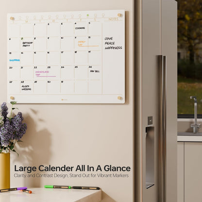 Black Glass Golden Monthly Dry Erase Calendar Whiteboard for Wall, 17" x 23", Frameless Large Planner White Board for Home Kitchen Office, 4 Wet Erase Markers Included, Yeoux