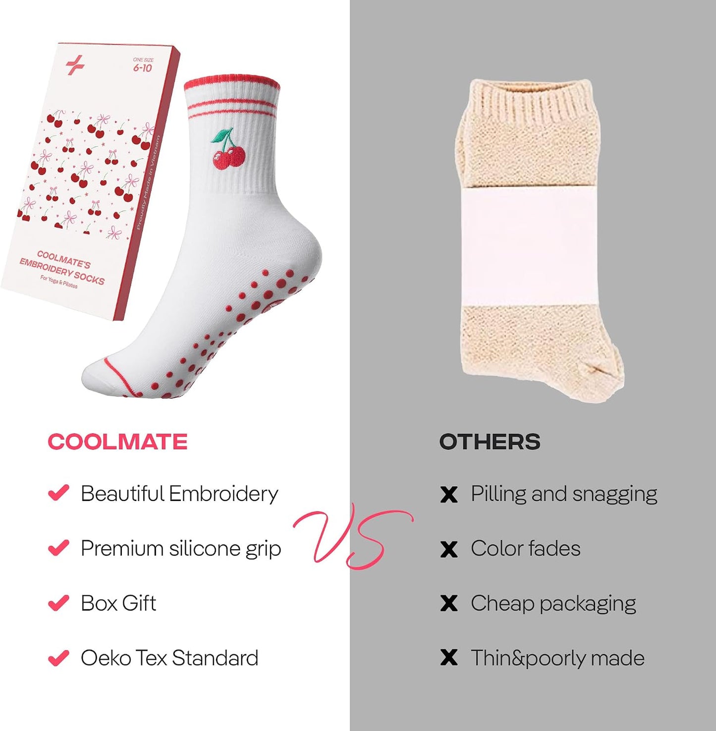 COOLMATE Pilates Socks with Grips for Women, Yoga Socks, Crew Non Slip Women for Barre, Pilates Gifts for Women - Colors B