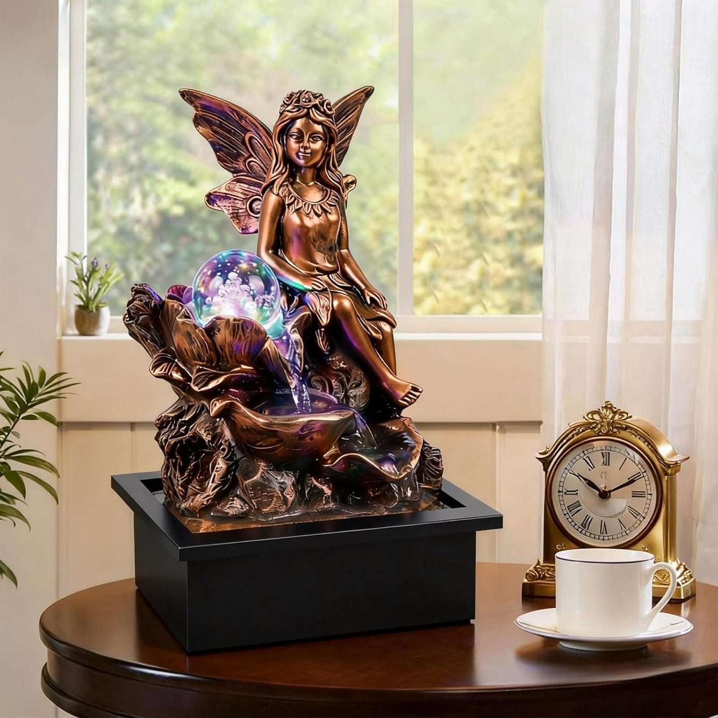 GOESWELL Water Fountain for Indoor Tabletop: Antique Bronze Fairy Statue Tabletop Waterfall with Rotating Crystal Ball for Desk - Small Zen Meditation Decor for Home Office Bedroom Relaxation