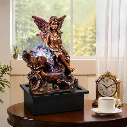 GOESWELL Water Fountain for Indoor Tabletop: Antique Bronze Fairy Statue Tabletop Waterfall with Rotating Crystal Ball for Desk - Small Zen Meditation Decor for Home Office Bedroom Relaxation
