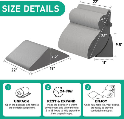 4PCS Wedge Pillow Set for After Surgery, White/Grey
