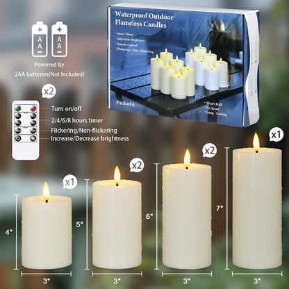 Yeelida Outdoor 4pcs Flameless Waterproof Candles with Handy Remote Control, Cycle Timer Battery Operated Candle Grease Effect LED Flickering Pillar Plastic Long Lasting (Ivory, 3" x4" 5" 6" 7")