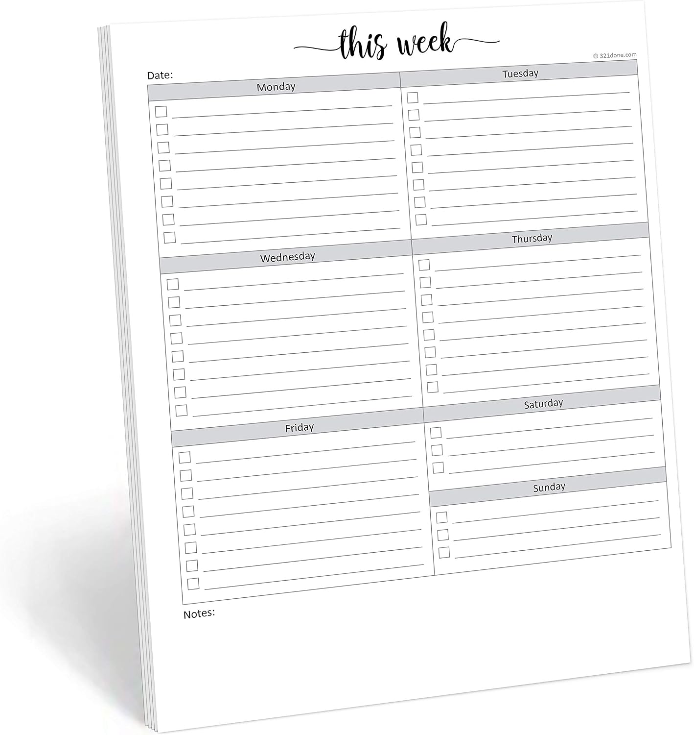321Done Weekly Checklist Notepad, 5.5x8.5 Size Pad - 50 Tear-Off Sheets, Undated Monday-Sunday Schedule, Daily Task Planner for Home, Office & Student Use - Made in USA