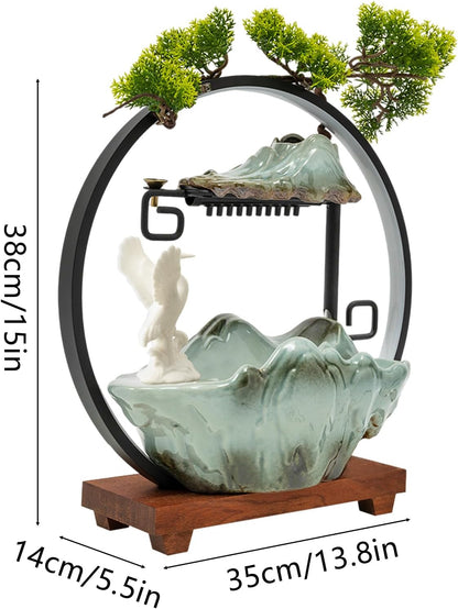 Mini Artificial Bonsai Tree Waterfall Fog Feature Rock Tabletop Fountain | 11in Desktop Decor Waterfall Fountain W/ Water Pump& Atomizer&LED Lights &Fake Tree Office Bedroom Relax