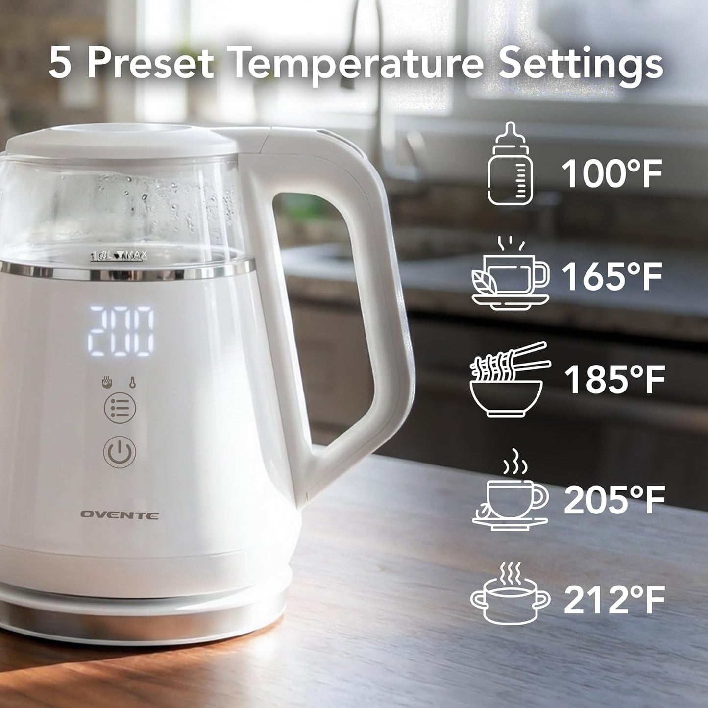 OVENTE 1L Small Electric Kettle with 5 Temperature Preset, Digital Display, 5Hr Keep Warm, Auto Shut-Off, Double-Wall Cool Touch Exterior, Borosilicate Glass,1500W BPA Free Water Boiler, Black KD95B