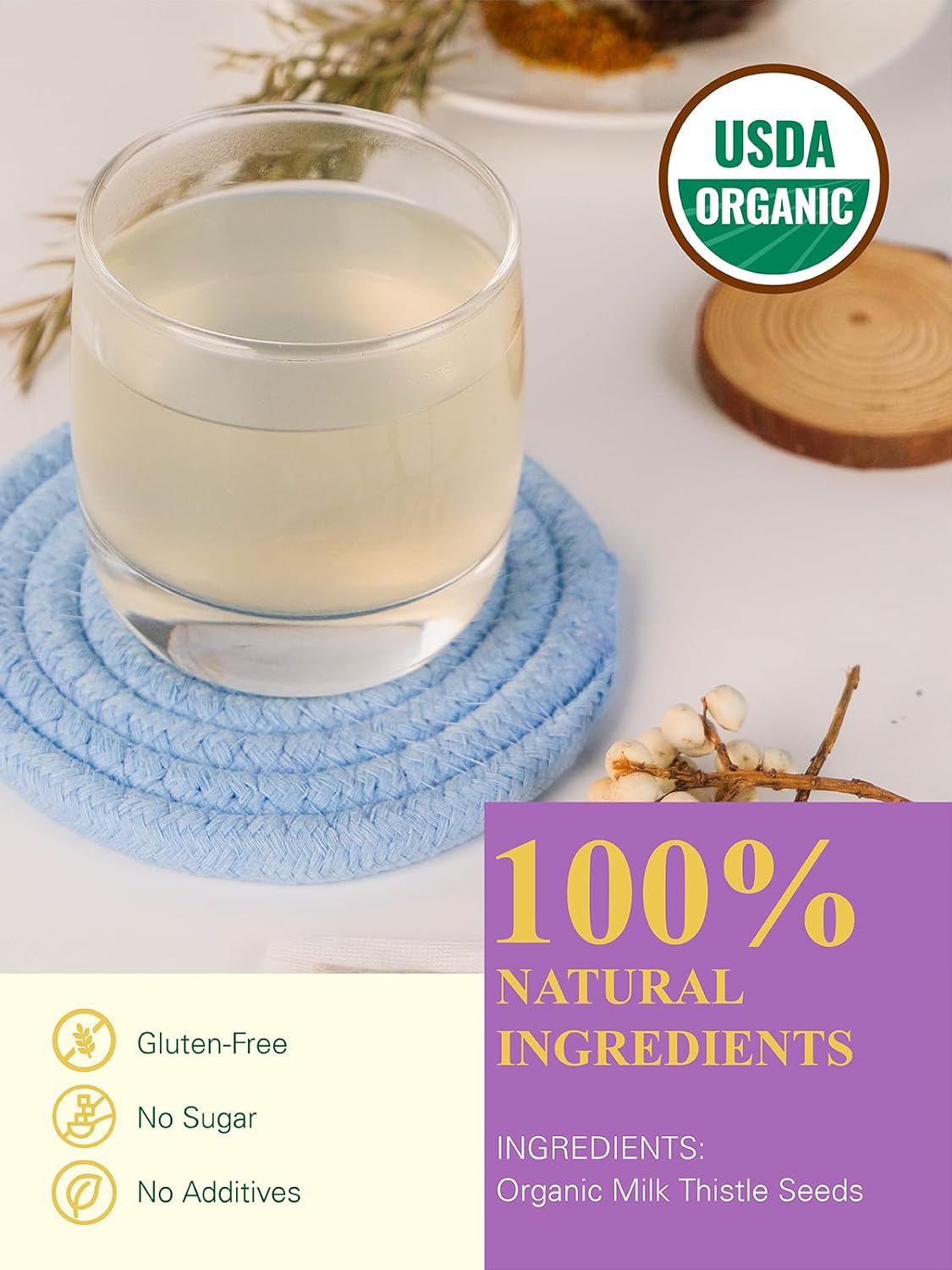 GLDNT Organic Milk Thistle Tea, Natural Organic Milk Thistle Seed Herbal Tea, Mild & Mellow Taste, Caffeine Free, 100 Count