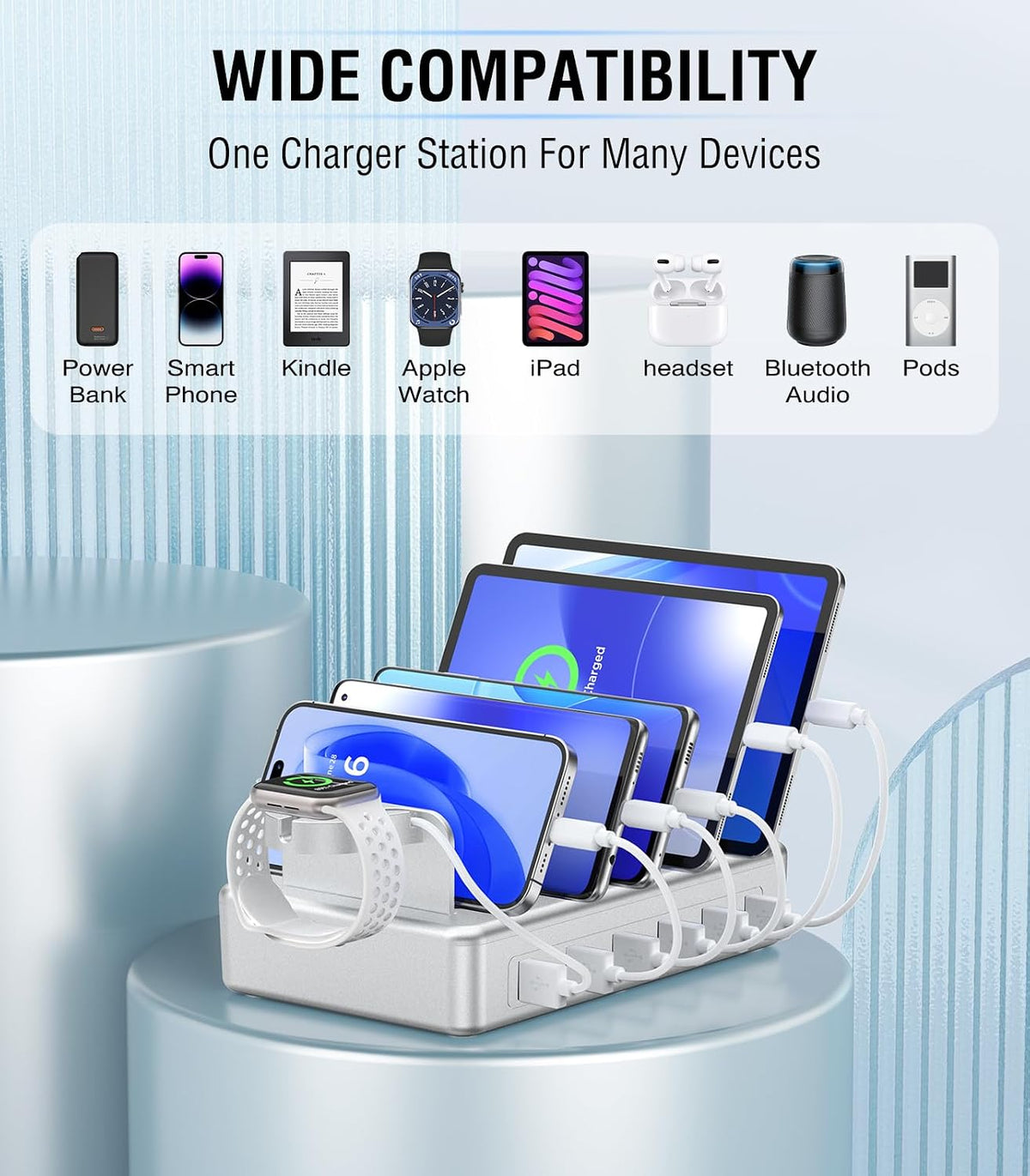 Charging Station for Multiple Devices, 50W 6 Ports Charging Dock with Stand