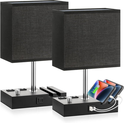 Kakanuo Fully Dimmable Nightstand Lamp for Bedroom with USB C Ports, Grey Small Bedside Table Lamp with Charging Outlets and Phone Stands, Wooden Desk Lamp for Living Room, LED Bulb Included