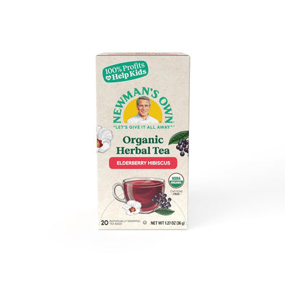 Newman's Own Organic Elderberry Hibiscus Tea with 20 Individually Wrapped Bags Per Box (Pack of 2) USDA Certified Caffeine Free Brew Hot/Cold 40 Count