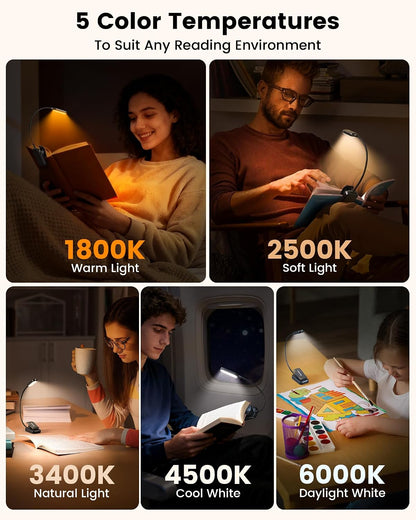 Glocusent 13 LED Reading Lights for Books in Bed, Eye-Caring Rechargeable Book Light 3 Amber Colors & Stepless Dimming, 120 Hrs Runtime, Travel Clip on Reading Lamp, Gifts for Book Lover Men Women Kid
