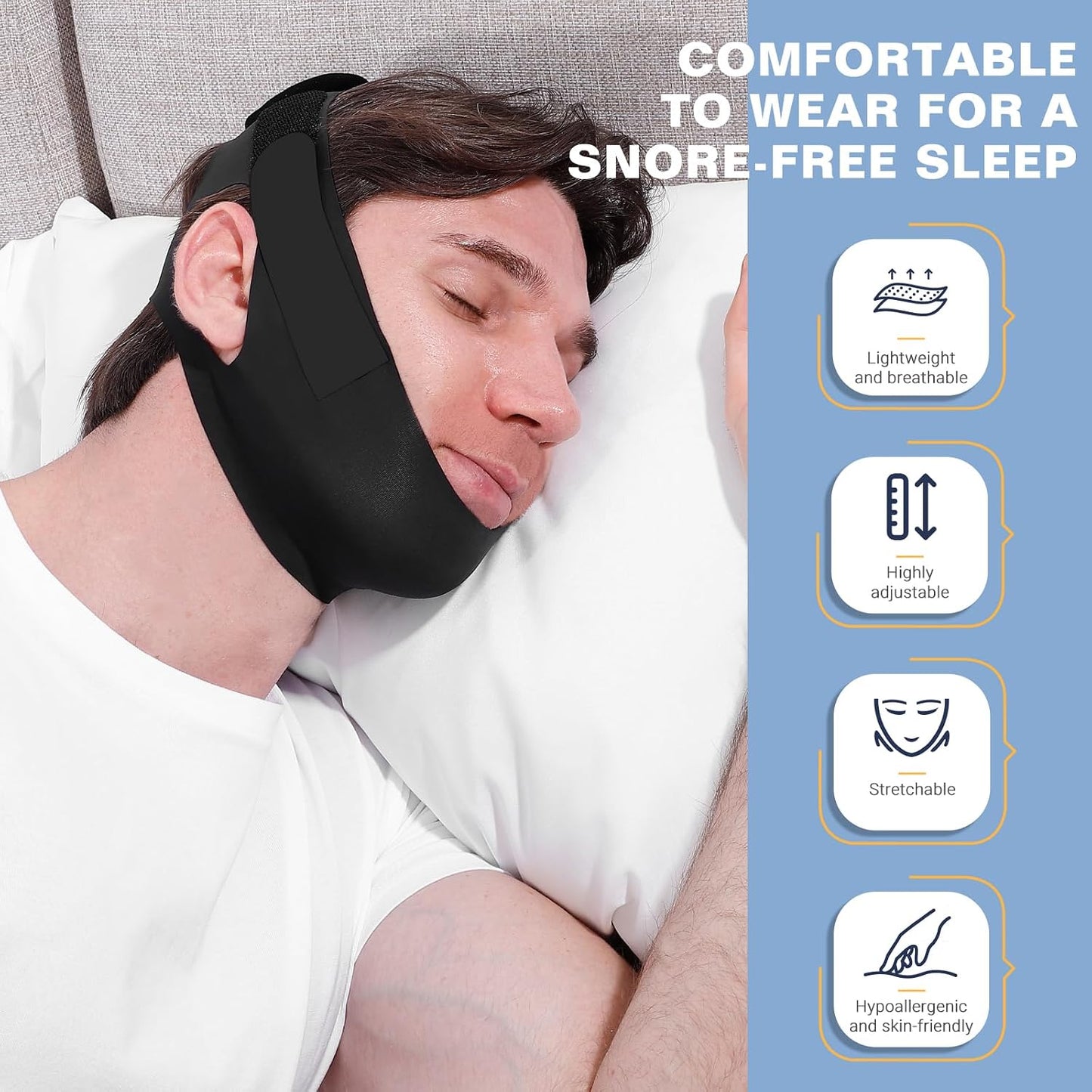 NOIKO Anti Snoring Chin Strap Adjustable, High Elasticity Traceless Chin Strap for Sleeping, Effective Anti Snoring Device, Snore Stopper Breathable and Durable for Adult (Black, M)
