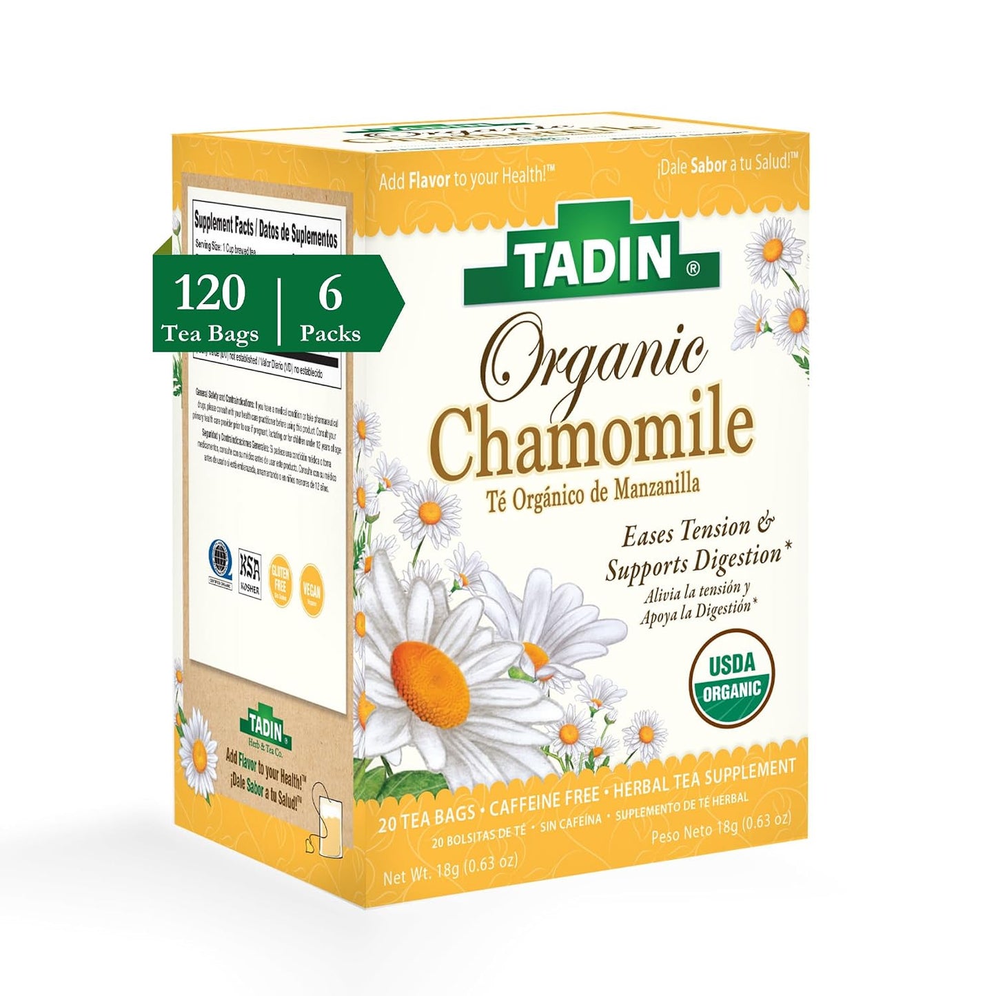 Tadin Organic Chamomile Lavender Tea, Caffeine Free Herbal Tea to Promote Serenity, 20 Tea Bags Per Box, Pack of 6