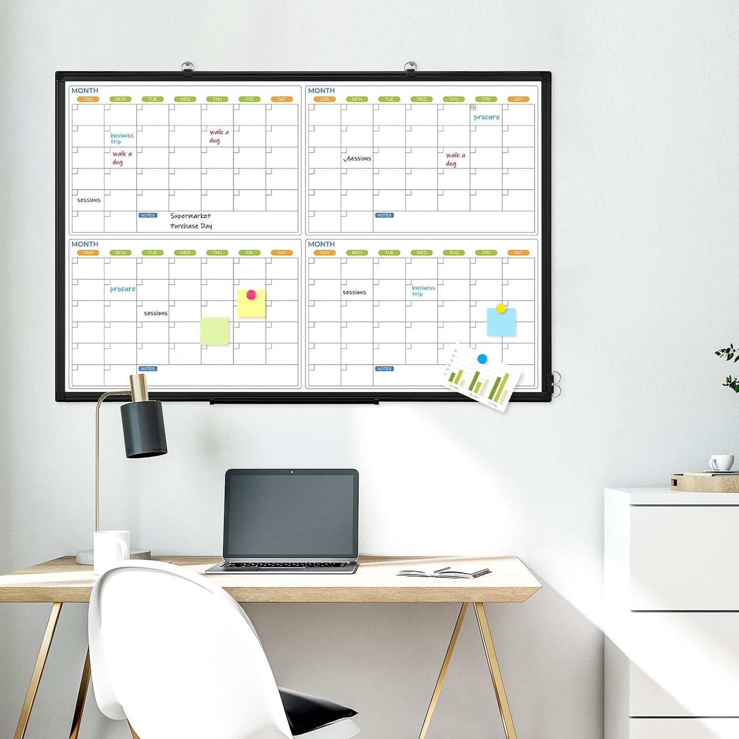 24" x 18" Magnetic Monthly Dry Erase Whiteboard Calendar for Wall | Double-sided & Smooth Writing Calendar White Board Hanging with Black Aluminum Frame, Home, School, Office