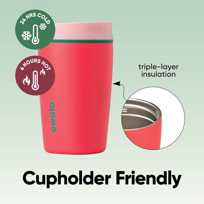 Owala SmoothSip Slider Insulated Stainless Steel Coffee Tumbler, Reusable Iced Coffee Cup, Hot Coffee Travel Mug, BPA Free 12 oz, Pink (Pucker Up)