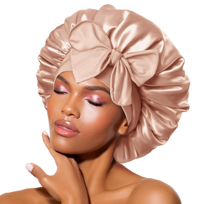 BONNET QUEEN Silk Bonnet for Sleeping for Women Satin Bonnet Night Cap for Curly Hair with Tie Band, Single Layer, Cream Pink