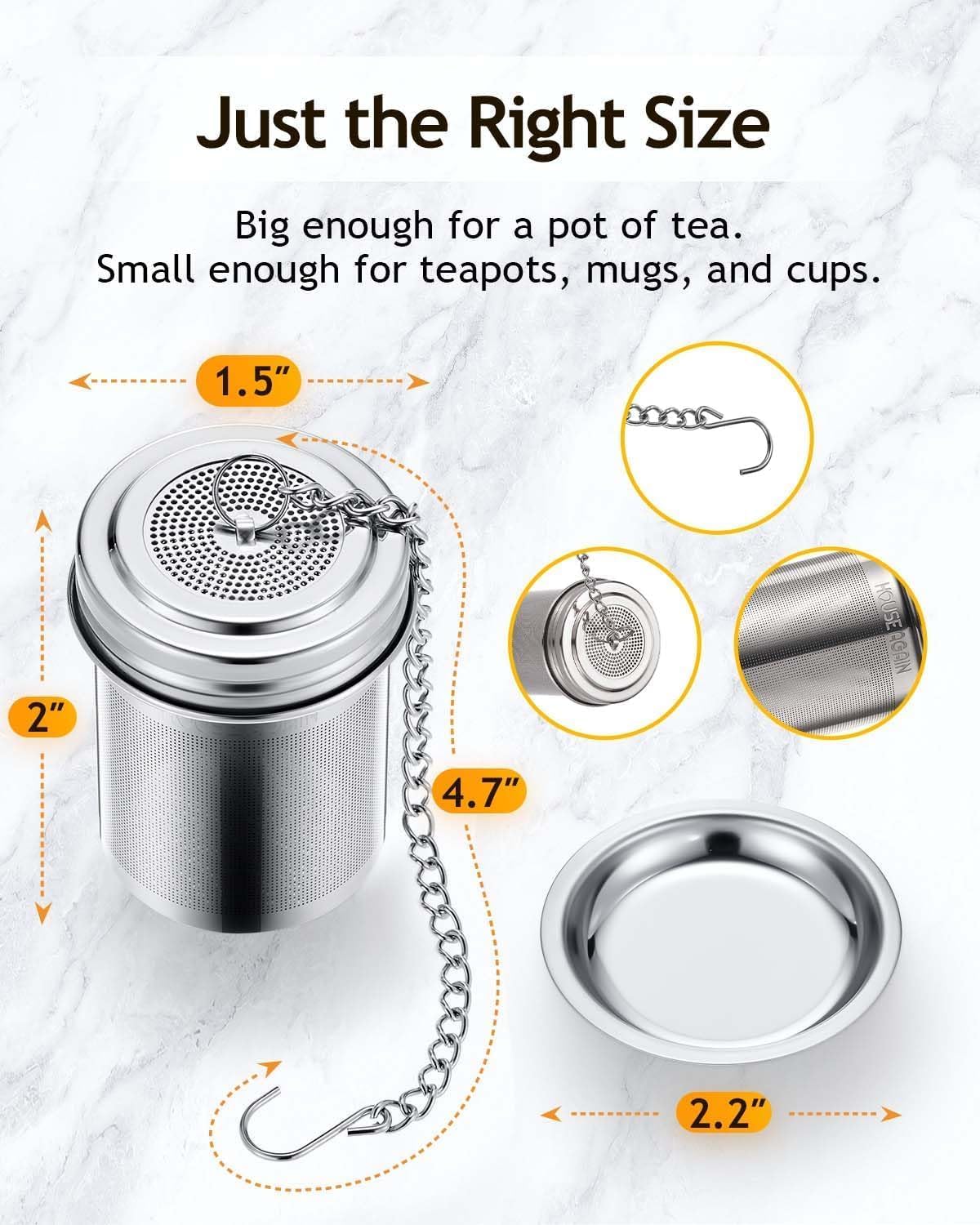 House Again 2 Pack Tea Infuser, Extra Fine Mesh Tea Infusers for Loose Tea, 18/8 Stainless Steel Tea Strainer with Extended Chain Hook, Tea Steeper for Brew Tea, Spices & Seasonings