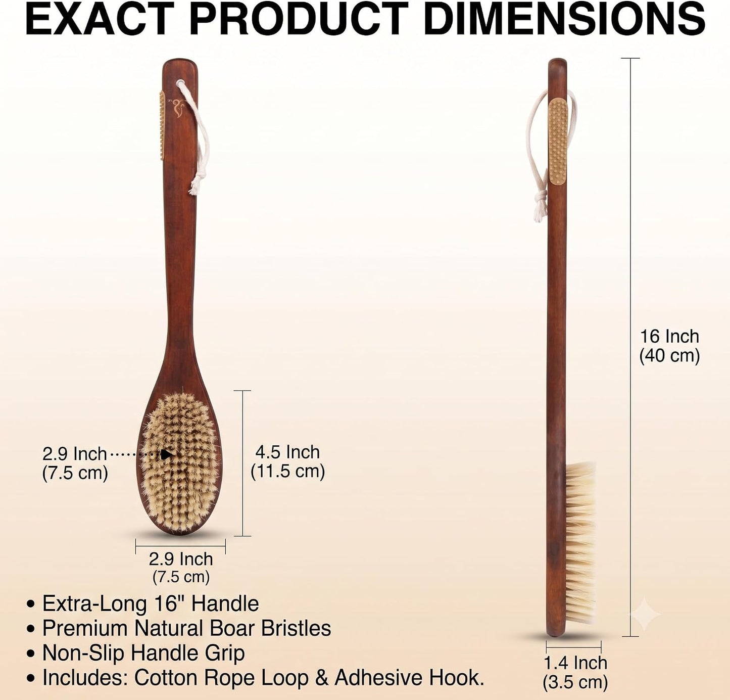 Wooden Bath Brush with Stiff Sisal Bristles Long Handle for Shower Back Scrubber Body Exfoliator, with Hook for Hanging (Stiff Sisal Hair)