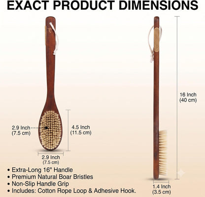 Wooden Bath Brush with Stiff Sisal Bristles Long Handle for Shower Back Scrubber Body Exfoliator, with Hook for Hanging (Stiff Sisal Hair)