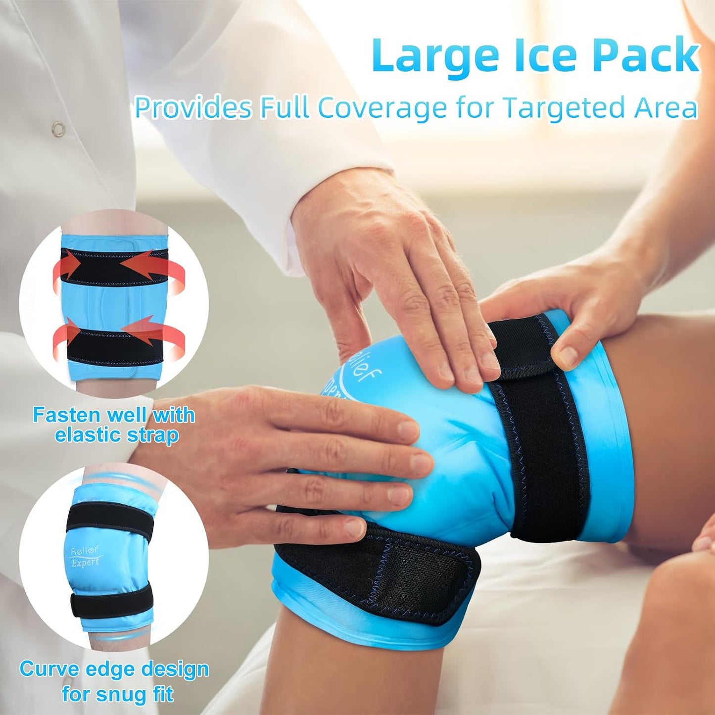 Relief Expert Knee Ice Pack Wrap Around Entire Knee, Large Ice Pack for Leg Soothing Discomfort, Reusable Ice Wraps with Cold Compress for Musclar Relaxation, Post-Workout Recovery,L