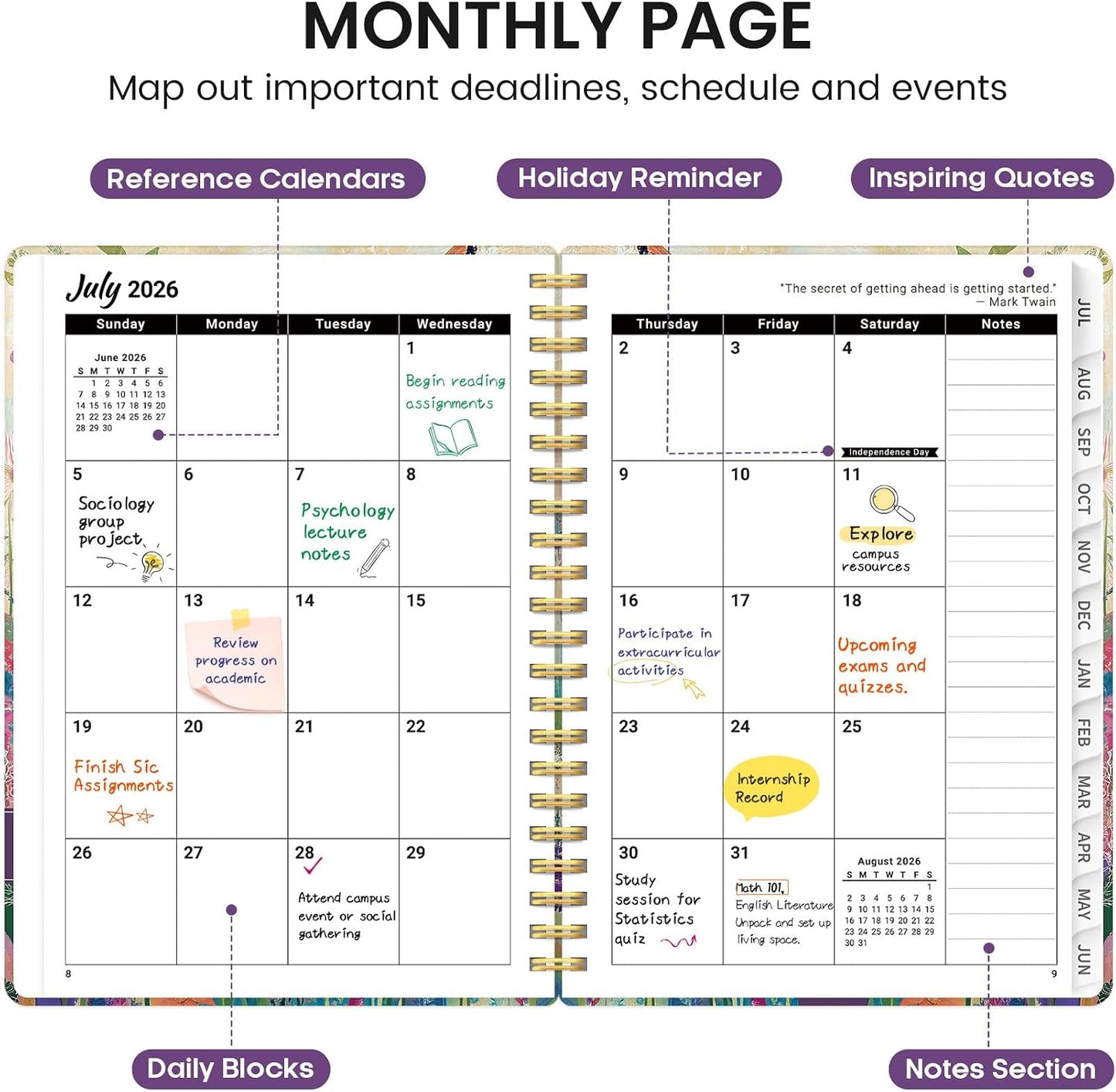 Planner 2026-2027, Academic Monthly and Weekly Calendar Planner for Women, July 2026 - June 2027, Hardcover Pretty Agenda Planner Book with Tabs, Spiral Daily Organizer for School Office Home Supplies, 6.3" x 8.5" - Blue Floral