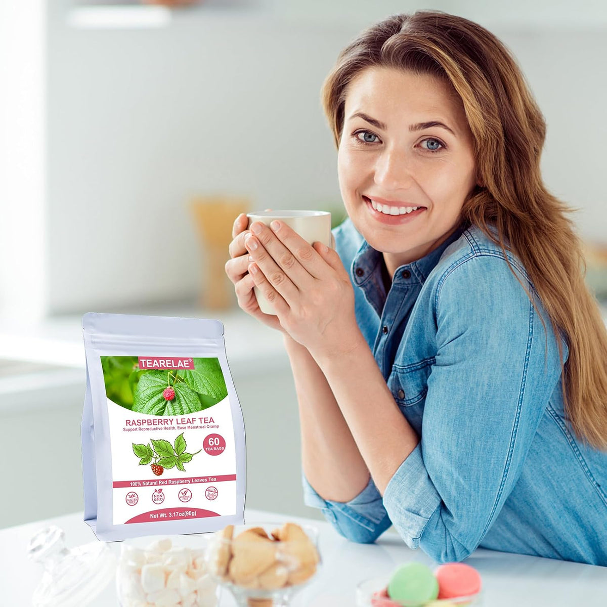TEARELAE Raspberry Leaf Tea, 60 Herbal Tea Bags, Light Woody Aroma