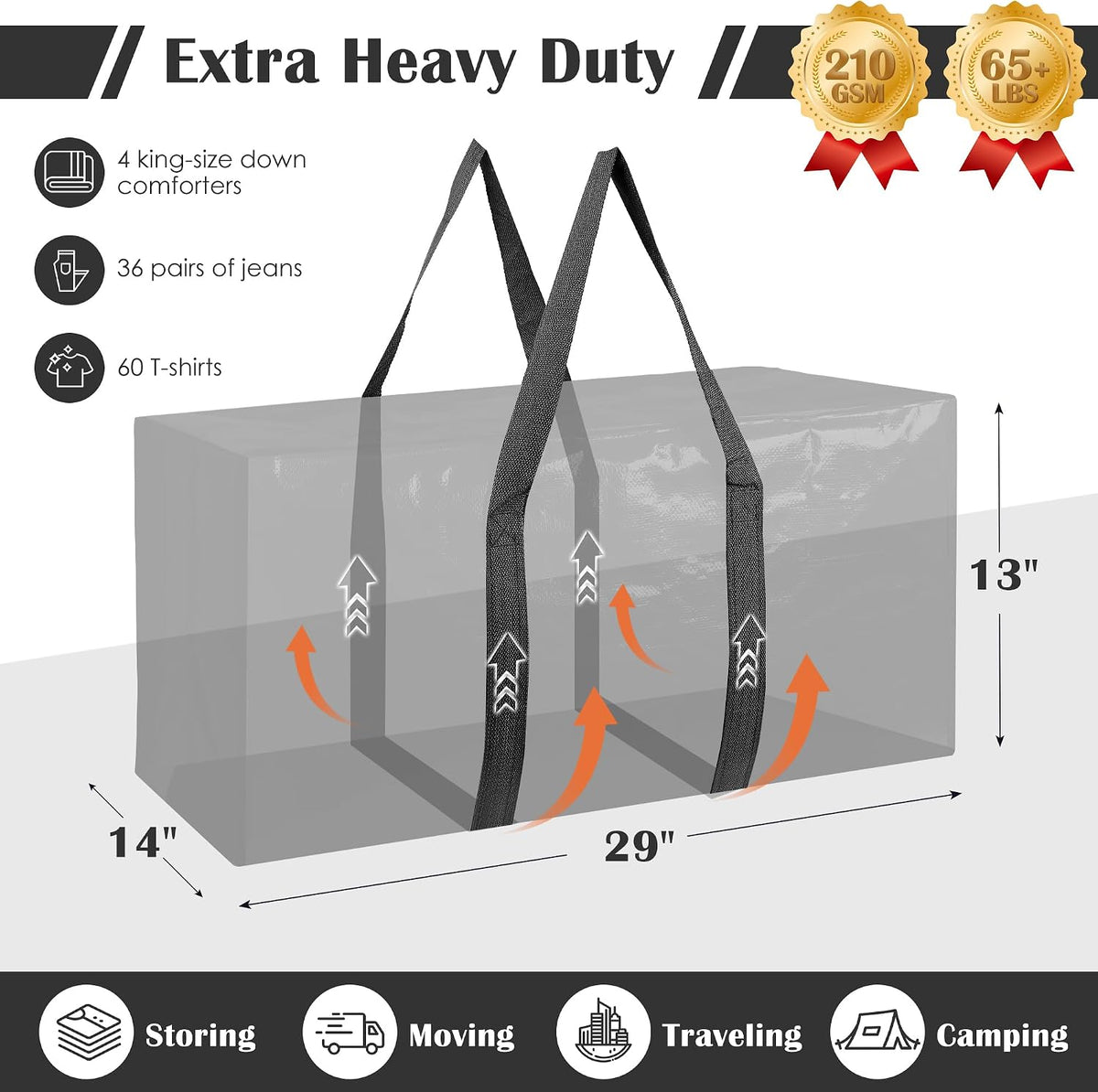Moving Bags Heavy Duty 210GSM with Full-Open Side Zipper, 93L 220lbs Waterproof Foldable Storage Totes for College Dorm Move-In, Moving Boxes Alternative & Home Organization, Blue
