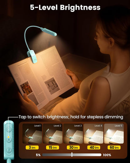 Glocusent 13 LED Reading Lights for Books in Bed, Eye-Caring Rechargeable Book Light 3 Amber Colors & Stepless Dimming, 120 Hrs Runtime, Travel Clip on Reading Lamp, Gifts for Book Lover Men Women Kid