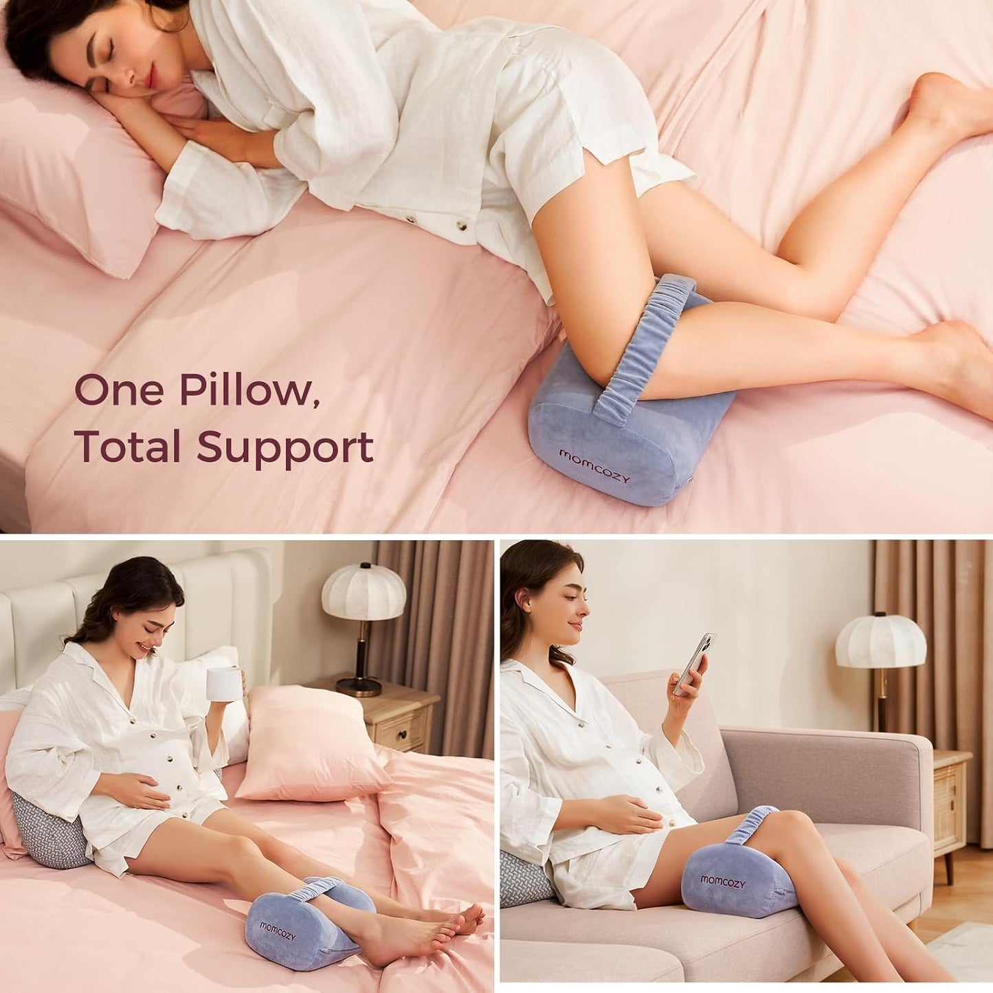 Momcozy Knee Pillow for Side Sleepers, Soft Memory Foam & Pinch-Free Design, Relieve Knee, Leg and Sciatica Pain, Adjustable Elastic Strap Ideal for Pregnant Women and Seniors, White
