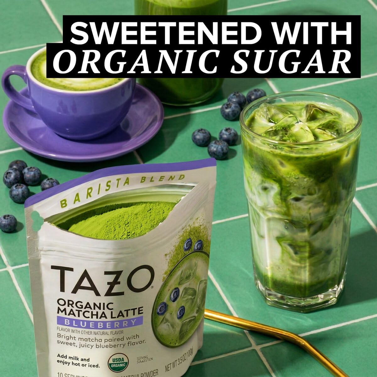 TAZO Organic Classic Matcha Latte Powder, Café Style Matcha Latte Mix, Easy Hot or Iced Matcha Latte, Sweetened with Organic Sugar and Matcha Powder, 10 Servings, 3.5 oz Pouch
