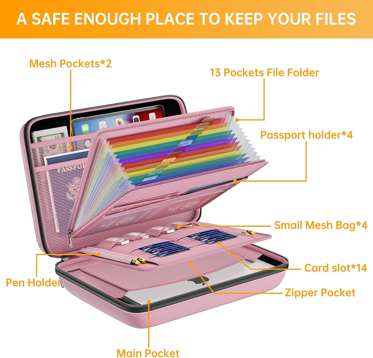 DocSafe Fireproof File Organizer with Lock, Hard-Shell Case Fireproof Document Box with 13 Pocket Accordion File Folder, Portable Home Office Travel Safe Storage for Important Documents Laptop Beige
