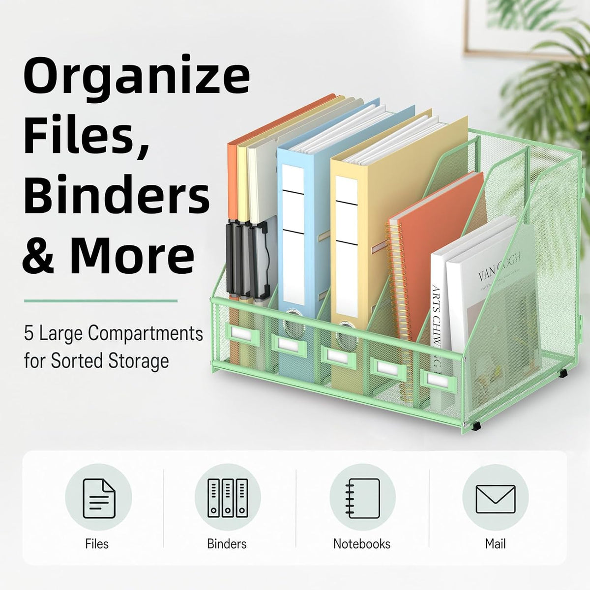 SUPEASY Desk Organizers Metal Desk Magazine File Holder with 5 Vertical Compartments Rack File Organizer for Office Desktop, Classroom, Home Workspace, Black