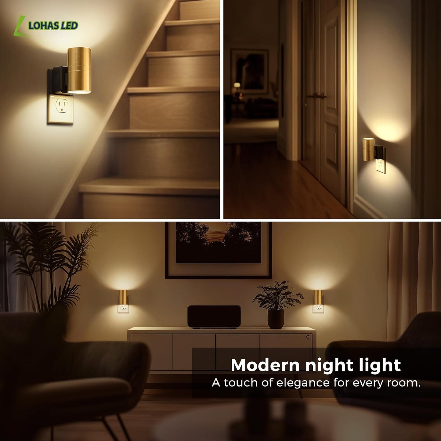 L LOHAS LED Night Lights Plug into wall, Amber Night Light with Adjustable Brightness, Plug in NightLight with Auto Light Sensor, Wall Sconce-Style Design Night Light for Bathroom,Hallway, 2 Pack