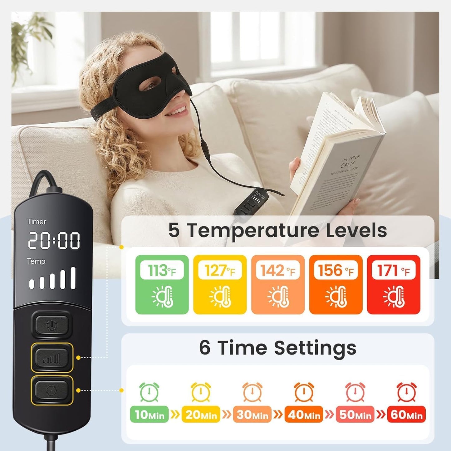 Heated Face Mask for Sinus Pressure Relief, Electric Heated Sinus Mask with 5 Heat & 6 Time Settings, Adjustable Face Heating Pad for Sinuses, Hormone Migraine, Tension Headache Relief (Black)