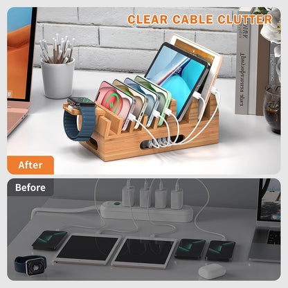 Pezin & Hulin Bamboo Charging Station with 5 Cables-Natural Bamboo