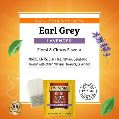 Twinings Earl Grey Lavender Black Tea Individually Wrapped Bags, 20 Count (Pack of 6), Citrus, Bergamot & Floral, Caffeinated, Enjoy Hot or Iced, 120 Teabags