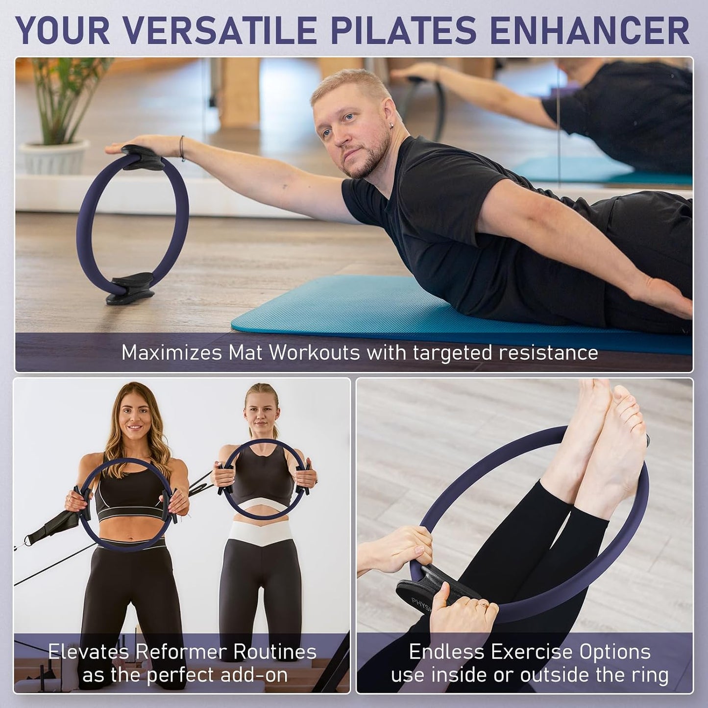 PhysKcal Pilates Ring, 15-Inch Magic Circle with Thick Padded Handle | Pilates Equipment for Toning Inner Thighs, Arms and Strengthening Cores with Workout Sheet Included