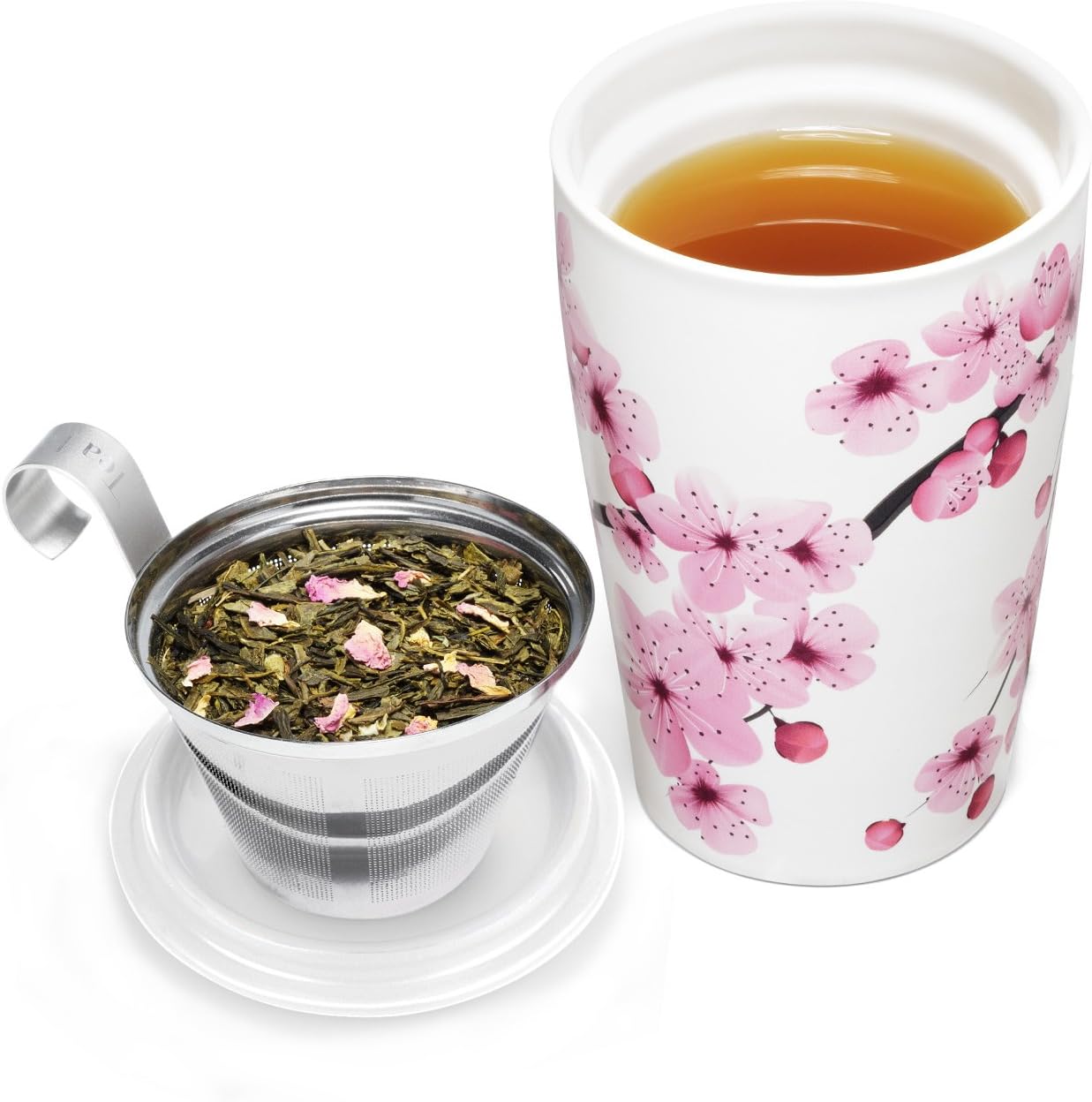 Tea Forte Double-Walled Ceramic Kati Cup, Removable Stainless Steel Infuser Basket and Lid, Steeps 12 oz Loose Leaf Tea, Dishwasher & Microwave Safe, Cherry Blossom